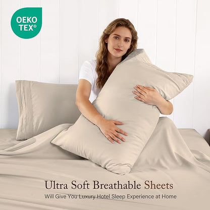 ROSE&RISY Khaki Sheets Queen Sheet Set, Pre-Washed Cotton-Like Brushed Microfiber, 4 Pcs Super Soft Breathable Cooling Bed Sets,Includes 1 Fitted, 1 Flat, 2 Pillowcases (Khaki, Queen)