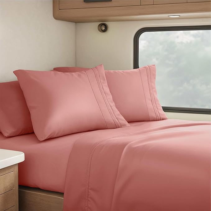 Clara Clark RV Short Queen Sheets - Hotel Luxury 6 Piece Bed Sheets for Short Queen Size Bed - Soft Bedding Sheets & Pillowcases, Fits Low Mattress up to 10 inch deep. Short Queen, Pink Clay