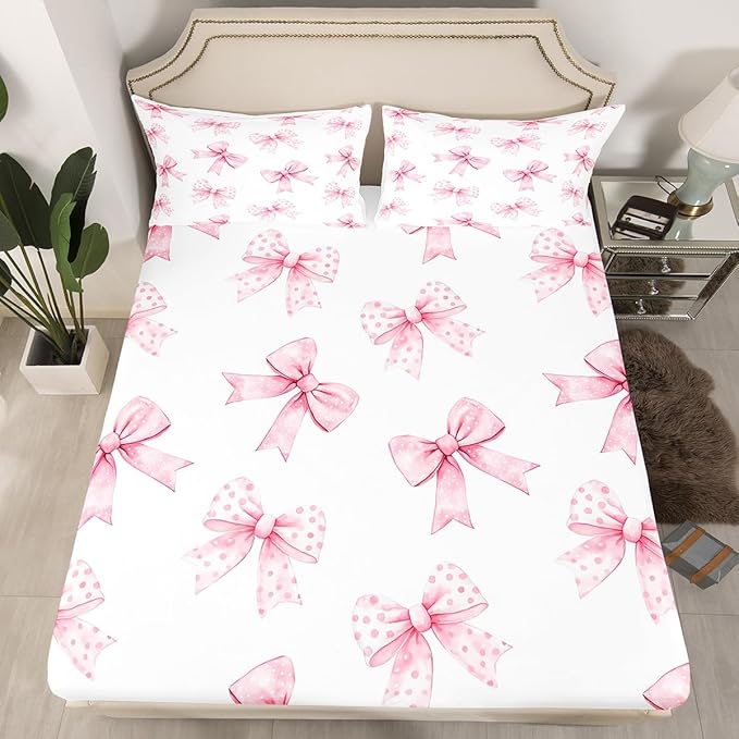 Erosebridal Pink Bow Fitted Sheet Twin Coquette Bowknot Bed Sheets for Boys Girls Princess Girls Ribbon Bowtie Bed Set Watercolor Cute Sheets with 1 Pillowcase