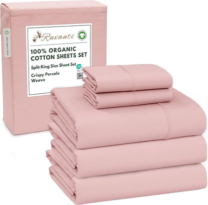RUVANTI 100% Organic Cotton Sheets Split King, Percale Weave, GOTS Certified, 5-Piece Set, Deep Pocket 15", Crisp & Breathable, Soft Durable Bedding, Sábanas Algodón Orgánico – Peach Skin