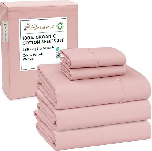 RUVANTI 100% Organic Cotton Sheets Split King, Percale Weave, GOTS Certified, 5-Piece Set, Deep Pocket 15", Crisp & Breathable, Soft Durable Bedding, Sábanas Algodón Orgánico – Peach Skin