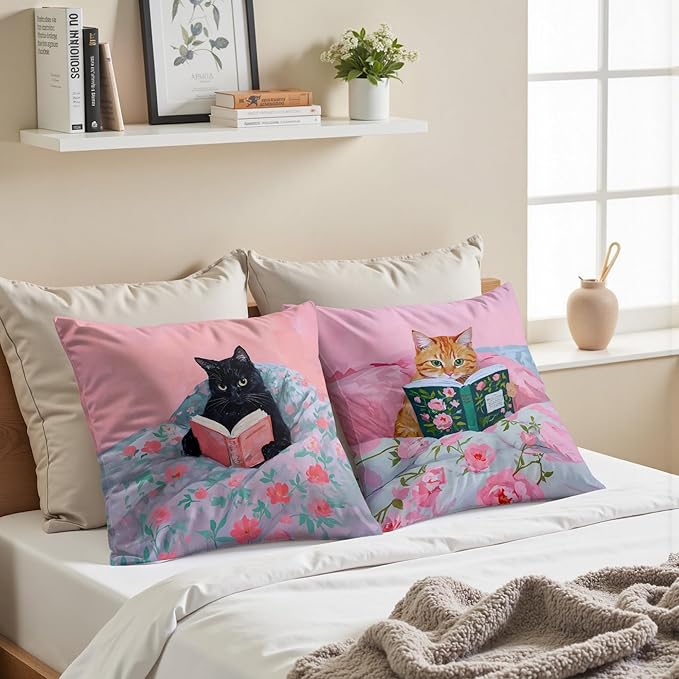 Funny Cat Reader Book Pillow Cover 18 x 18 Set of 2, Reading Nook Corner Decor, Preppy Floral Black Orange Tabby Tuxedo Cats Bookish Pillowcase, Gifts for Book Lovers