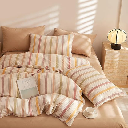 MKXI Striped Duvet Cover Set 100% Washed Cotton, 3-Piece Colorful Autumn Vibe Bedding Set with Zipper & Ties, Stripes Pattern Comforter Cover for Teens, Adults, Dorms & Bedrooms (Twin Size)