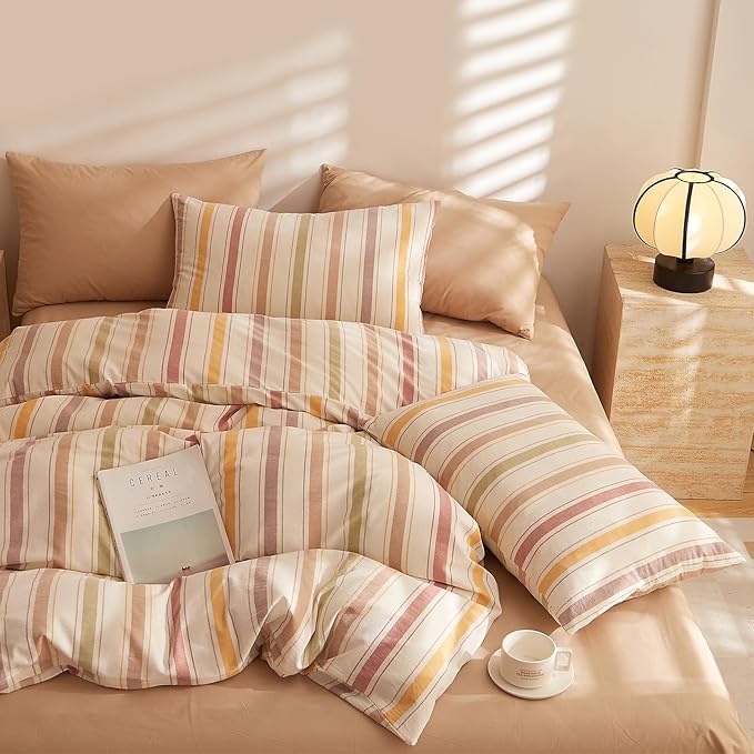 MKXI Striped Duvet Cover Set 100% Washed Cotton, 3-Piece Colorful Autumn Vibe Bedding Set with Zipper & Ties, Stripes Pattern Comforter Cover for Teens, Adults, Dorms & Bedrooms (Twin XL Size)