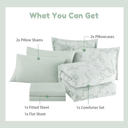 Geniospin Light Green Queen Comforter Set for Girls- 7 Pieces Bowknot Jacquard Bed in A Bag Queen Bedding Sets with Sheets, Pillowcases & Shams, All Season Kids Comforter Set