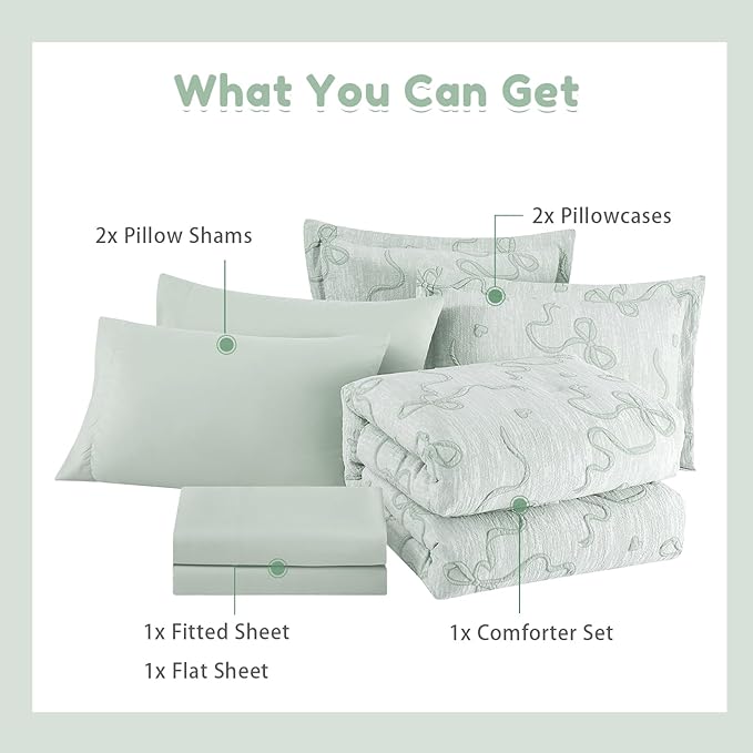 Geniospin Light Green Full Comforter Set for Girls- 7 Pieces Bowknot Jacquard Bed in A Bag Full Bedding Sets with Sheets, Pillowcases & Shams, All Season Kids Comforter Set