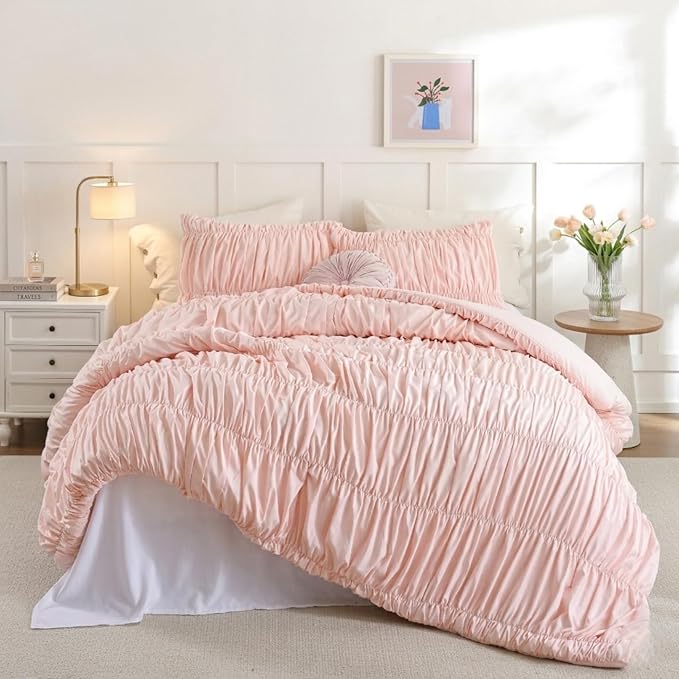 weigelia Cinched Comforter Set Full - 3PCS Soft Cozy Blush Pink Full Bedding Set with Decorative Ruched Design, Fluffy Lightweight All Season Cute Comforter for Elegant Home & Bedroom Decor