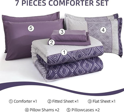 Dinjoy Purple King Size Comforter Set,Striped Boho Bed in a Bag King 7 Pieces Soft Microfiber Warm Fall Bedding Comforters Sets Modern Complete Bed Set for Women All Season