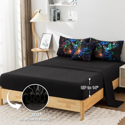 A Nice Night Galaxy Bedding Sets,3D Butterfly Flying in Space Printed,Like Glitter Butterflies 6pcs Bed in a Bag Full Comforter Set, for Girls Boys Kids Teens