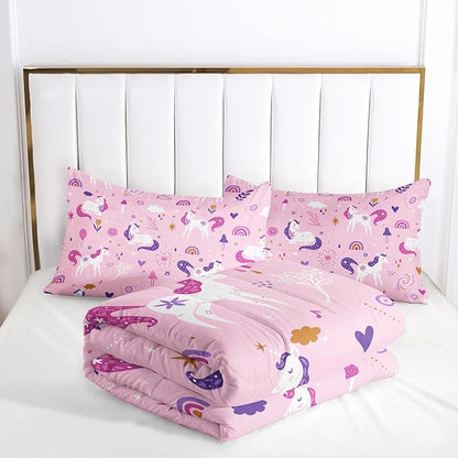 Unicorn 3 Piece Girl Bedding Set Pink Unicorn Bedding Set for Kids,Unicorn Comforter Set Girls Room Decor,Rainbow Clouds Star Quilt Set for Girls (1 Comforter 2 Pillowcase),All Seasons