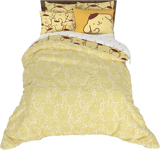 Sanrio Pompompurin Bedding Set, Queen Size 7 Piece Set Kids Super Soft Cozy Reversible Comforter and Sheet Set with Sham, (100% Officially Licensed Product) by Franco