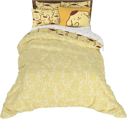 Sanrio Pompompurin Bedding Set, Queen Size 7 Piece Set Kids Super Soft Cozy Reversible Comforter and Sheet Set with Sham, (100% Officially Licensed Product) by Franco