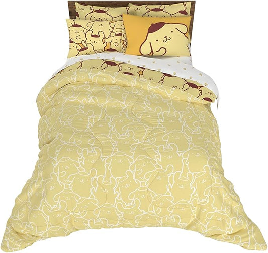 Sanrio Pompompurin Bedding Set, Full Size 7 Piece Set Kids Super Soft Cozy Reversible Comforter and Sheet Set with Sham, (100% Officially Licensed Product) by Franco