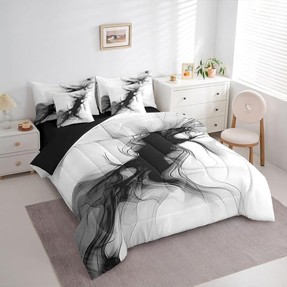 Erosebridal Black and White 7 Piece Comforter Set King Abstract Bedroom Decor for Men Teens Modern Ombre Grey Marble Bedding Set Elegant Ink Texture Neutral Sheet Set Marbling Minimalist Art Quilt