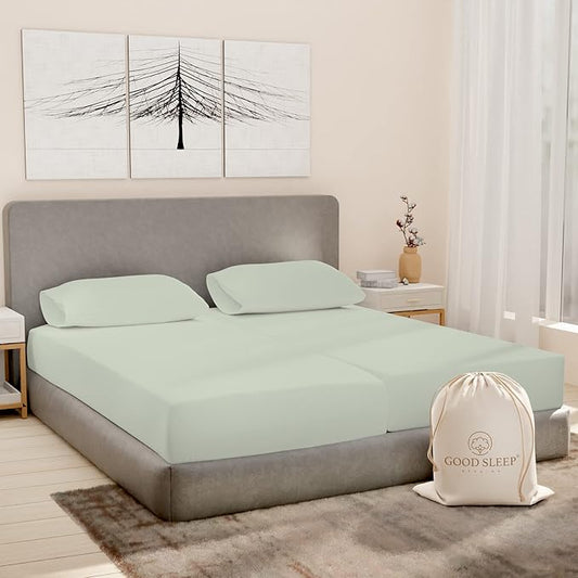 Good Sleep Bedding King Split Sheets for Adjustable Bed Set - Luxury Hotel Sateen Sheets, Natural 100% Cotton Bedding Sheets & Pillowcases, Deep Pockets Bedding Set - Sage