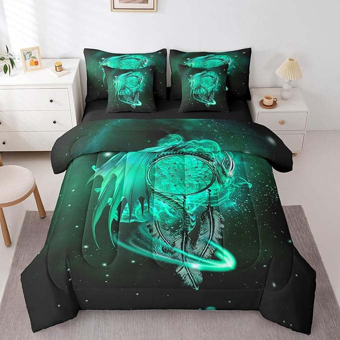 Erosebridal Gothic Dragon Dream Catchers Bed in a Bag King Size Comforter Set 7 Pieces,Teal Galaxy Bohemian Feather Bedding Sets Antique Animal Pterosaur Sheet Set with Comforter