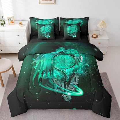 Erosebridal Gothic Dragon Dream Catchers 7 Piece Comforter Set Full Bed in a Bag,Teal Galaxy Bohemian Feather Bedding Sets Antique Animal Pterosaur Sheet Set with Comforter