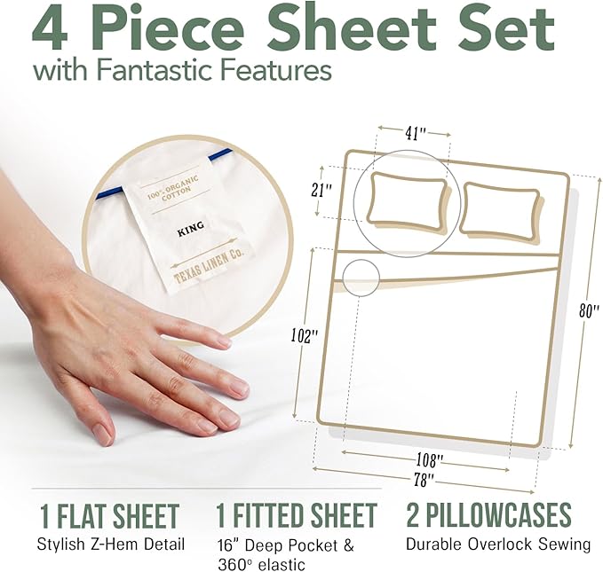 TEXAS LINEN CO. 100% Organic Cotton Sheets King Size - 4 PC Organic Cotton King Percale Weave Sheet Set, Soft, Cooling, Crisp & Breathable, 16" Deep Pocket Hotel Quality Bedding Set - Sea Foam