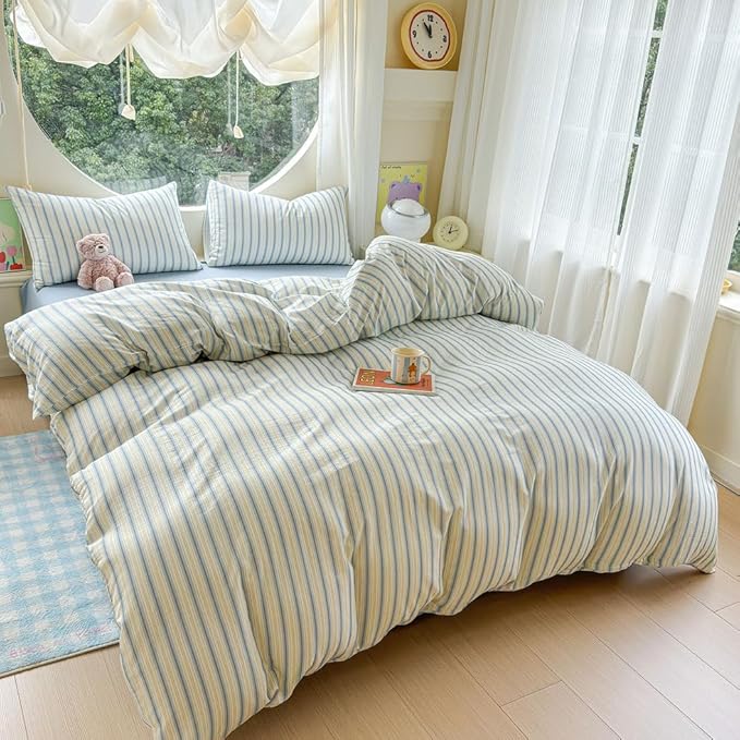 EAVD Vintage Striped Duvet Cover Queen Soft 100% Muslin Cotton Linen Feel Gauze Farmhouse Blue Vertical Striped Pattern Bedding Set for Men Women Reversible Geometric Duvet Cover with Zipper Closure