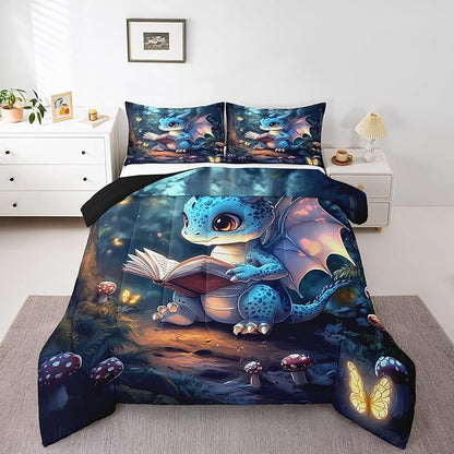3D Cartoon Dragon Bedding Set Twin Size Western Fairy Tale Comforter for Child Teens Sparkling Pink Butterfly Down Comforter Mysterious Jungle Duvet Insert with 1 Pillowcase