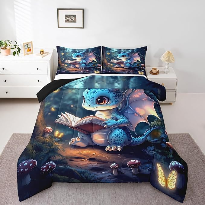 3D Cartoon Dragon Bedding Set King Size Western Fairy Tale Comforter for Child Teens Sparkling Pink Butterfly Down Comforter Mysterious Jungle Duvet Insert with 2 Pillowcases