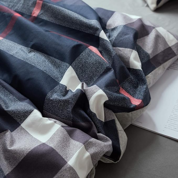 Cottonight Navy Blue Plaid Comforter Set King Buffalo Checkered Comforter Lightweight Blue Grid Bedding Set Super Soft Blue Red and White Plaid Bedding Set for Men Boys Adults