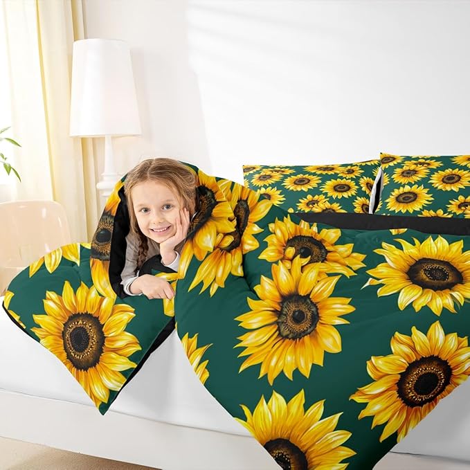 Erosebridal Sunflower Comforter Set Full Size 3D Floral Bedding Set for Kids Girls Women Adult Yellow Floral Down Comforter Botanical Flower Print Green Quilt Set Blossom Garden Duvet Set