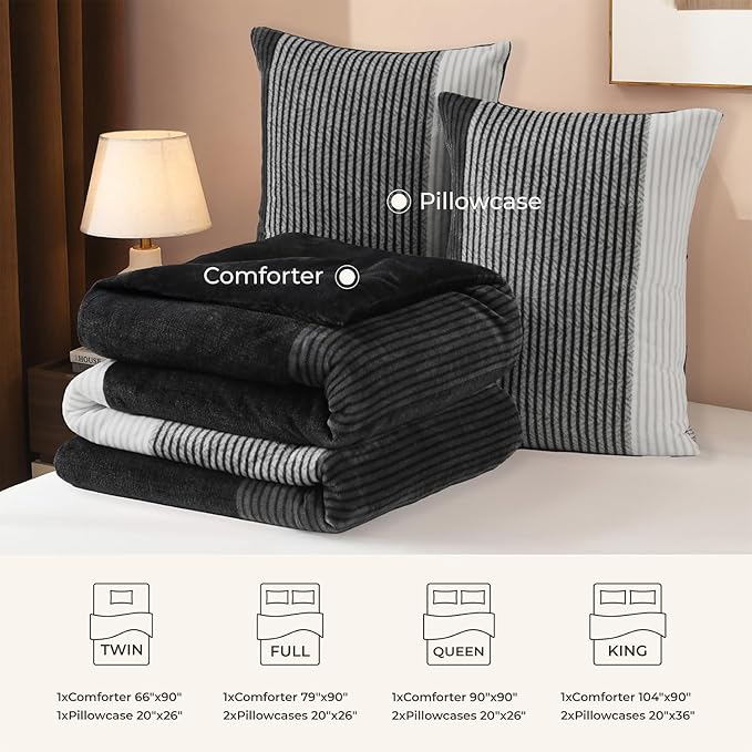 Litanika Fluffy Fleece King Size Comforter Set, Luxury Soft Plush Fuzzy Grey White Stripe Bedding Comforter Sets, Warm Shaggy Faux Fur Bed Set All Season (1 Comforter, 2 Pillowcases)