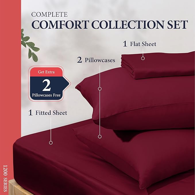 Ashton Sheets 100% Egyptian Cotton Sheets King Size - 1200 Thread Count King Size Sheets Set Egyptian Cotton, 4 PC Luxury Bedsheet (Burgundy), Soft, Cooling, 17" Deep Pocket Sateen Weave Bedsheet Set