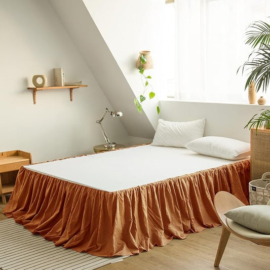 BISELINA French Linen Bed Skirt with Pleated Frills 14-Inch Tailored Drop Natural Flax Cotton Blend Dust Ruffle Soft Cozy Farmhouse Bedding (14" Full, Ruffle Rust)