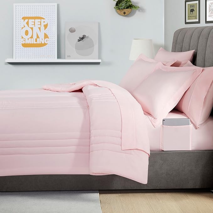 Queen Comforter Set Quilted Stripe Bedding Bundle – Comforter, Mattress Protector, Sheets with Pockets on the Side & Built-in Corner Strap – Fitted Sheet Media Pocket for Devices, Pale Pink