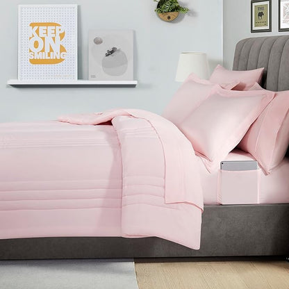 Queen Comforter Set Quilted Stripe Bedding Bundle – Comforter, Mattress Protector, Sheets with Pockets on the Side & Built-in Corner Strap – Fitted Sheet Media Pocket for Devices, Pale Pink