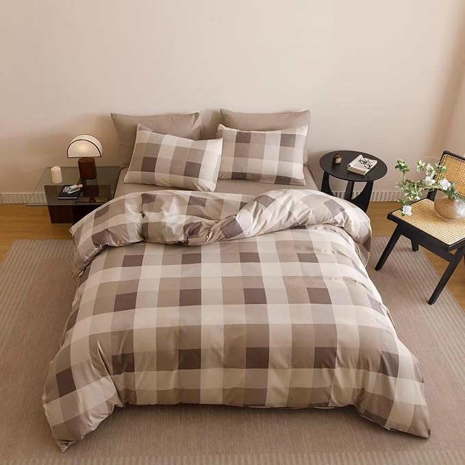 Houseri Coffee Color Plaid Comforter Set Full Vintage Grid Bedding Sets