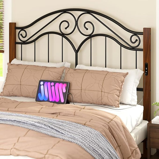 Headboard for Full Size Bed Frame with Charging Station USB & Type C Ports | Vintage Platform Bed Headboard Only,Adjustable,Iron Legs,Easy Assembly,Black