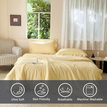 NSNLGSGC Yellow Ruffle Gingham Comforter Set Twin, Pre-Washed Ruffled Plaid Checked Comforter Bedding, 2 Pieces Vintage Farmhouse Grid Bedding Set(Yellow Gingham, Twin)