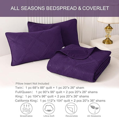 Exclusivo Mezcla King Quilt Set- Deep Purple Quilts Bedding Set with 2 Pillow Shams, Modern King Bedspread with Striped Pattern, Soft Lightweight Bedspreads Coverlets for All Seasons