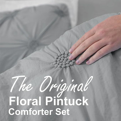 Swift Home Full/Queen Gray Comforter Set - Ruched 3D Floral Pintuck Bedding Set - 3 Pieces Bed Linen, 1 Comforter and 2 Pillow Shams