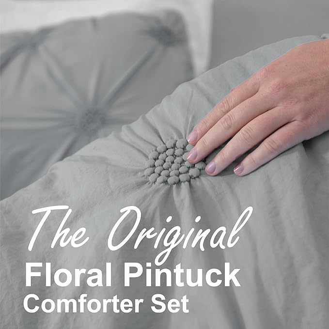 Swift Home Twin/Twin XL Gray Comforter Set - Ruched 3D Floral Pintuck Bedding Set - 2 Pieces Bed Linen, 1 Comforter and 1 Pillow Sham