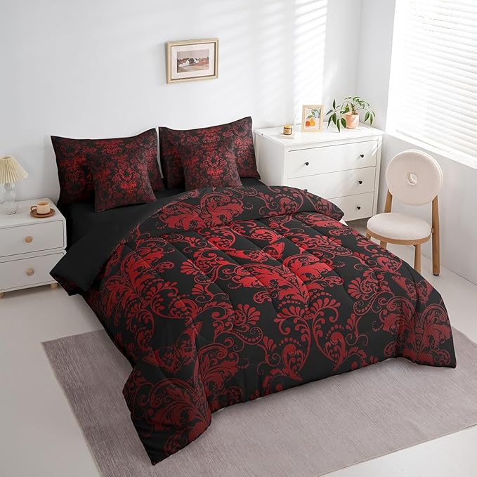 Erosebridal Gothic Damask Bed in a Bag Queen Comforter Set 7 Piece,Butterfly Skull Bedding Sets Red Black Victorian Floral Goth Sheet Set with Comforter