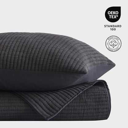 EVERGRACEHOME Cotton Coverlet Set King Size 3 Pieces, Lightweight Soft Ribbed Matelassé Bedspread Quilt Set, Cozy Oversized Quilted Bedding Set with 2 Pillow Shams for All Seasons, Washed Black