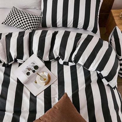 Merryword Black and White Striped Duvet Cover Set Queen Size - 100% Cotton Duvet Cover Set with Zipper Closure & 8 Corner Ties, 3-Piece Luxury Linen Like Bedding Set for All Seasons