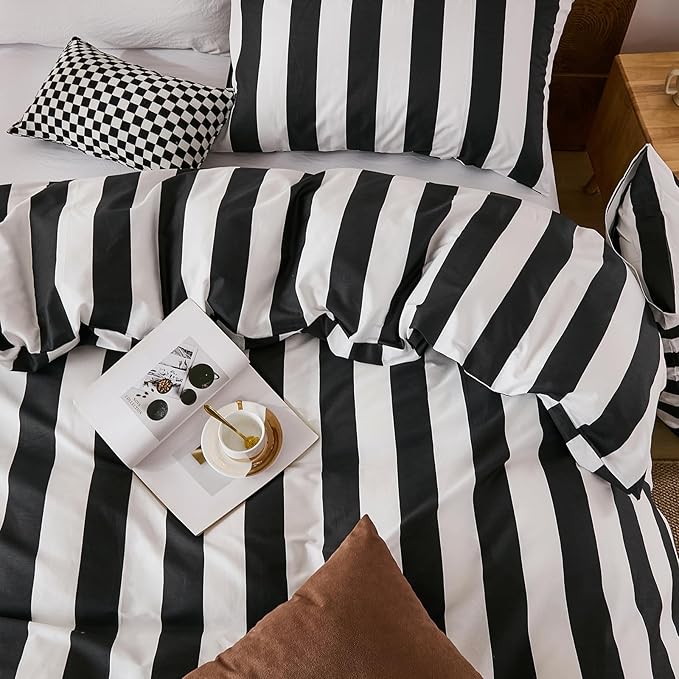 Merryword Black and White Striped Duvet Cover Set King Size - 100% Cotton Duvet Cover Set with Zipper Closure & 8 Corner Ties, 3-Piece Luxury Linen Like Bedding Set for All Seasons