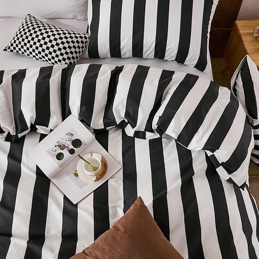 Merryword Black and White Striped Duvet Cover Set King Size - 100% Cotton Duvet Cover Set with Zipper Closure & 8 Corner Ties, 3-Piece Luxury Linen Like Bedding Set for All Seasons