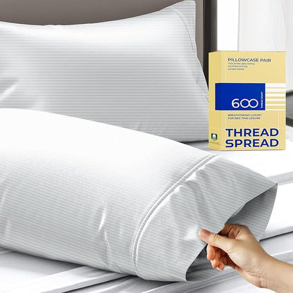 Thread Spread 100% Egyptian Cotton Pillow Cases Queen Size Set of 2 - Luxury 600 Series Bliss Collection Queen Pillow Cases (Silver Grey Stripe), Soft Cooling Hotel Cotton Pillowcases, Sateen Finish