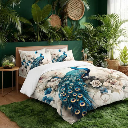 King Size Comforter Set for Women,Teal Peacock Feather Bedding Set with Blue and White Floral,Elegant Watercolor Bird Flowers Decor,3Pcs Soft Fluffy Microfiber with 2 Pillowcases,104 * 90