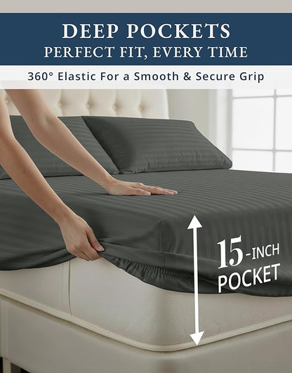LANE LINEN 100% Egyptian Cotton Bed Sheets Queen Size, Long Staple Soft & Comfy Sateen Weave No Pill Fade Resistant Machine wash 15" Deep Pocket Queen Sheets - Damask Stripe Dark Grey