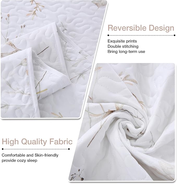 Queen Size Quilt Bedding Set, White Floral Quilt Lightweight Reversible Quilted Bedspreads Coverlets with 2 Pillow Shams for All Seasons (90"×90")