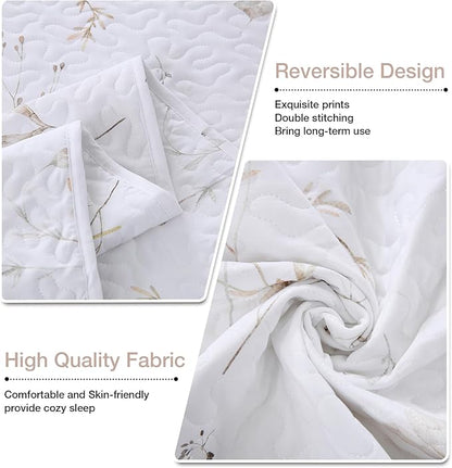 King Size Quilt Bedding Set, White Floral Bed Quilts Lightweight Reversible Farmhouse Bedspreads Quilted Coverlets with 2 Pillow Shams (104"×90")