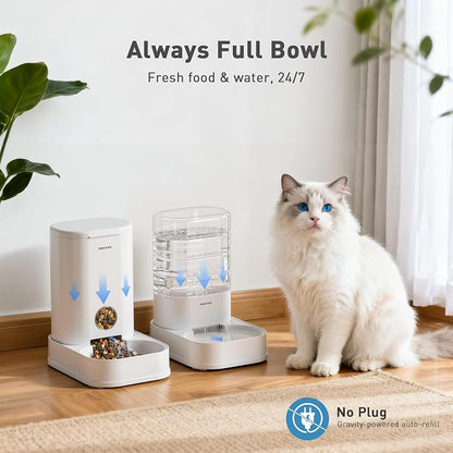 PAWGETHER® 2 Pack Gravity Cat Feeder and Water Dispenser No-Electricity 1 Gallon/3.5L Automatic Cat Feeder and Waterer Dog Water Bowl Dispenser Pet Food Dispenser Puppy Kitten Rabbits