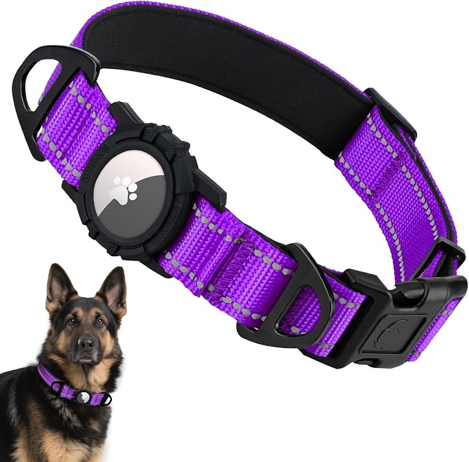 Taglory AirTag Dog Collar with Waterproof Holder for Large Dogs, Purple, XL | Reflective for Night Walks & Low-Light Safety, Track Your Pup Peace of Mind, Adjustable Soft Padded, No More Dangling Tags